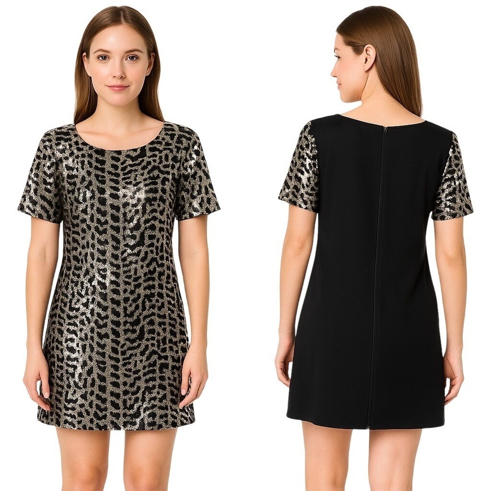 Gianni Bini Women's Dress XS Black Beige Sequin Short Sleeve Party Cocktail